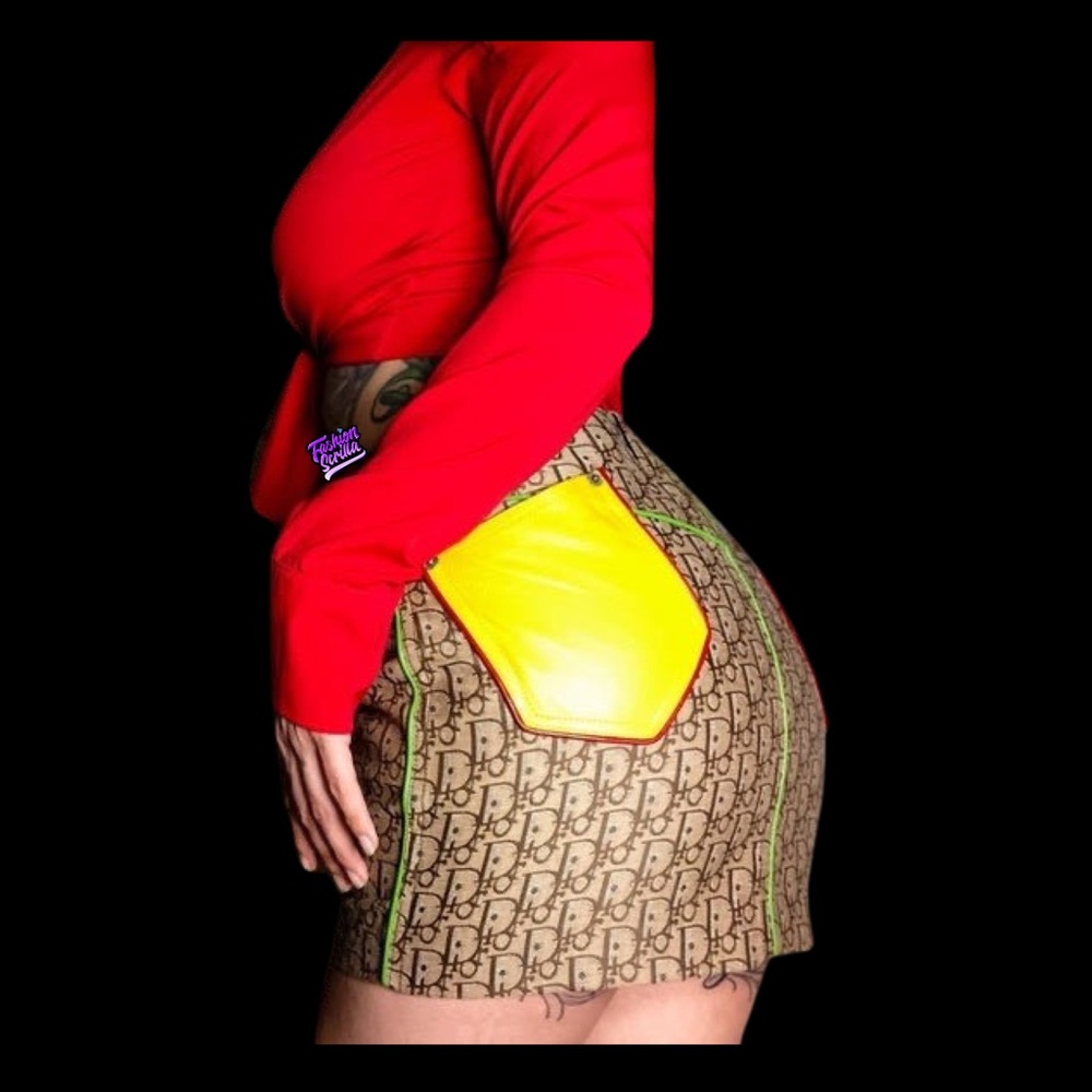Christian Dior Vintage Monogram Logo Canvas & Leather Rasta Trotter Mini Skirt - Picture 6 of 17